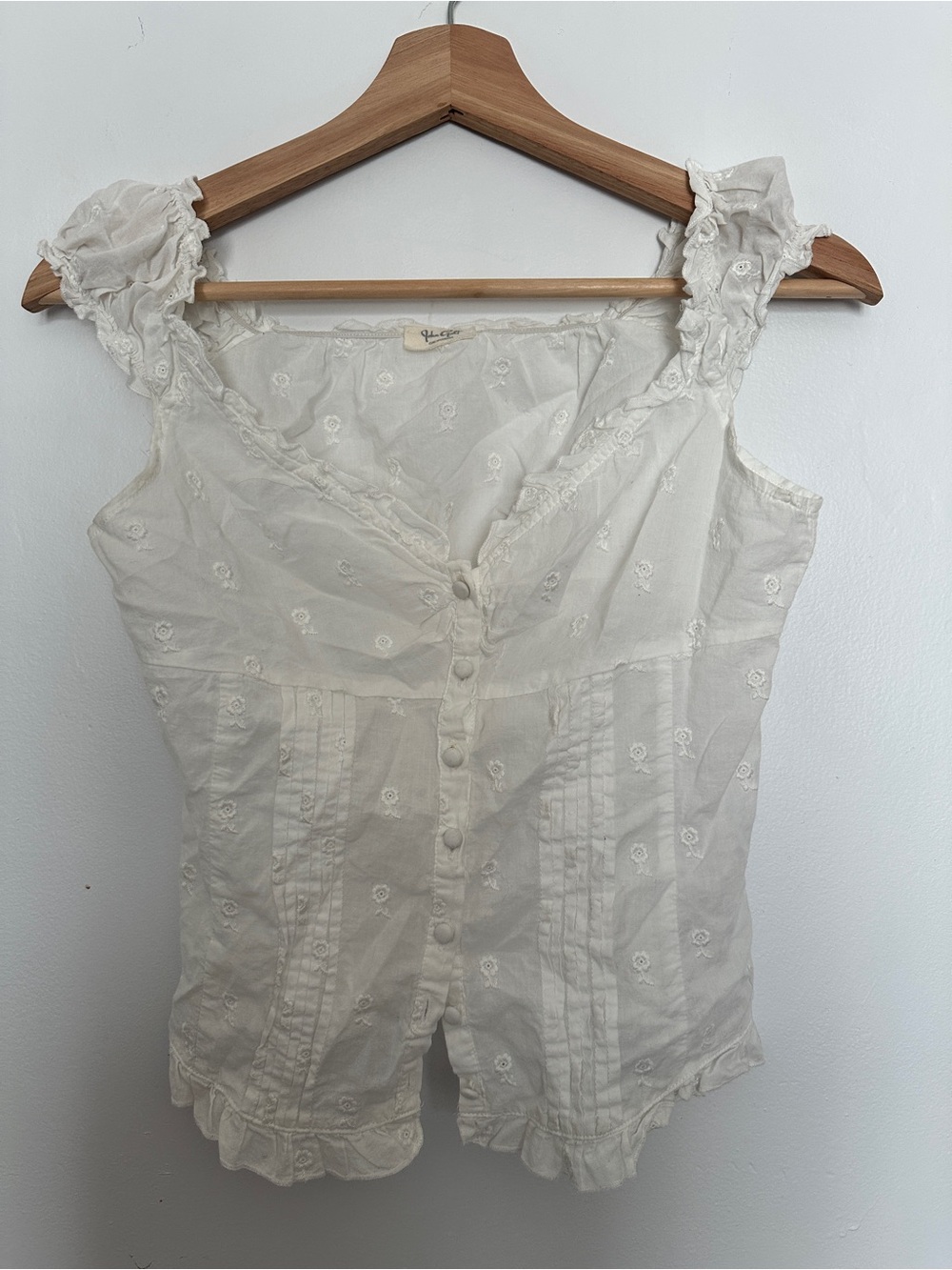 White Eyelet Ruffle cottagecore whimsical Button-Front Women's Top Size M